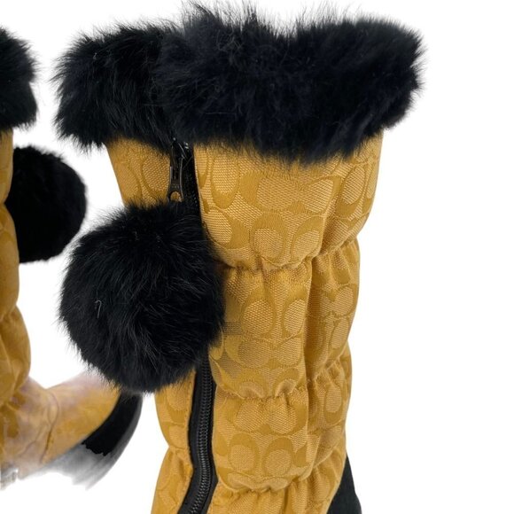 Coach Theona Gold Rabbit Fur Trim Winter Boots Womens 7B Logo Print Poof Zipper - Picture 3 of 10